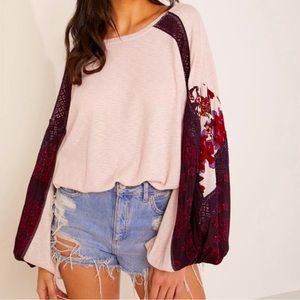 Free People XS Pink and Wine Thermal Top w/ Balloon Sleeves and lace trim